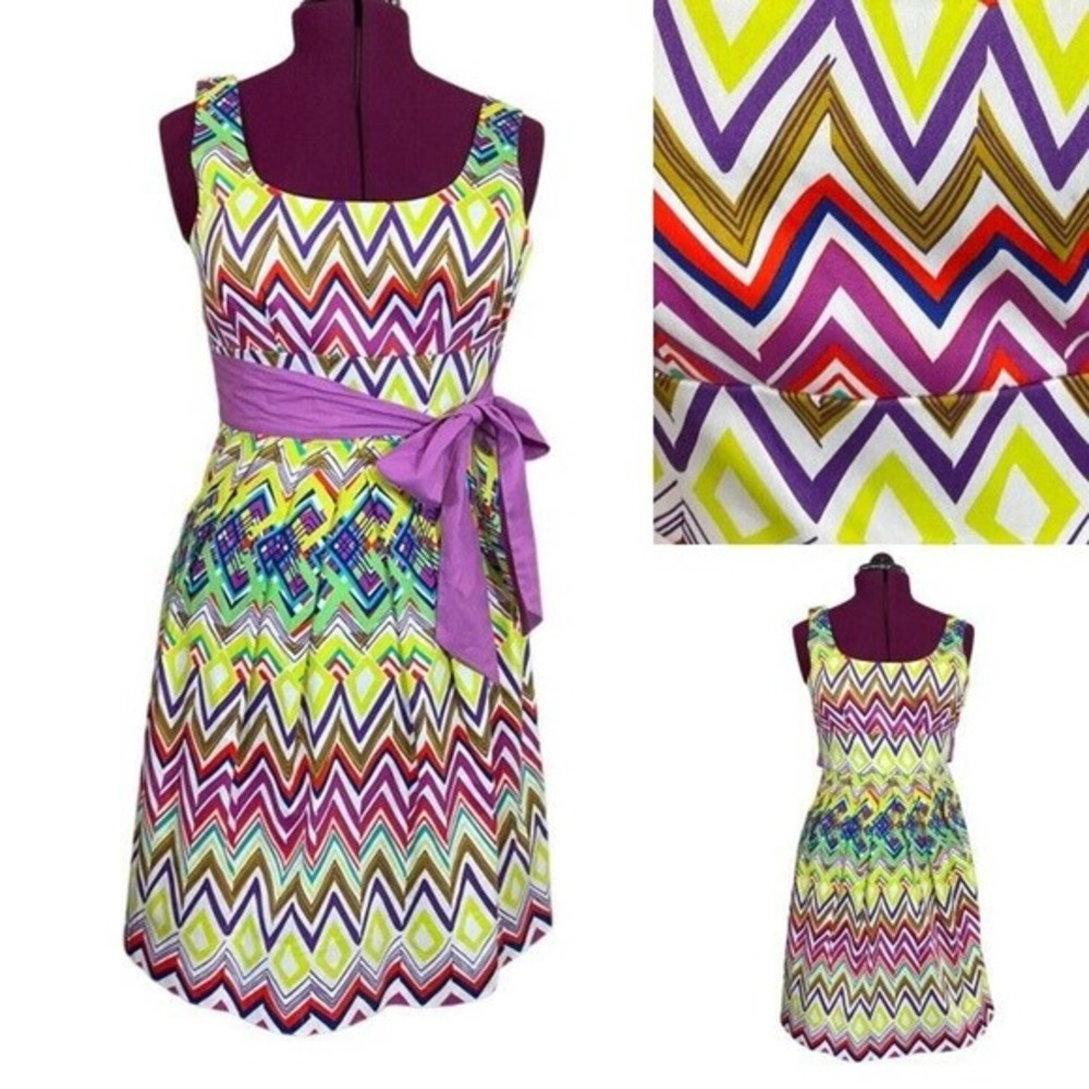 SPENSE Purple Bow Tribal-Vibe Colorful Sleeveless Sun Dress Cotton Lined Size 8